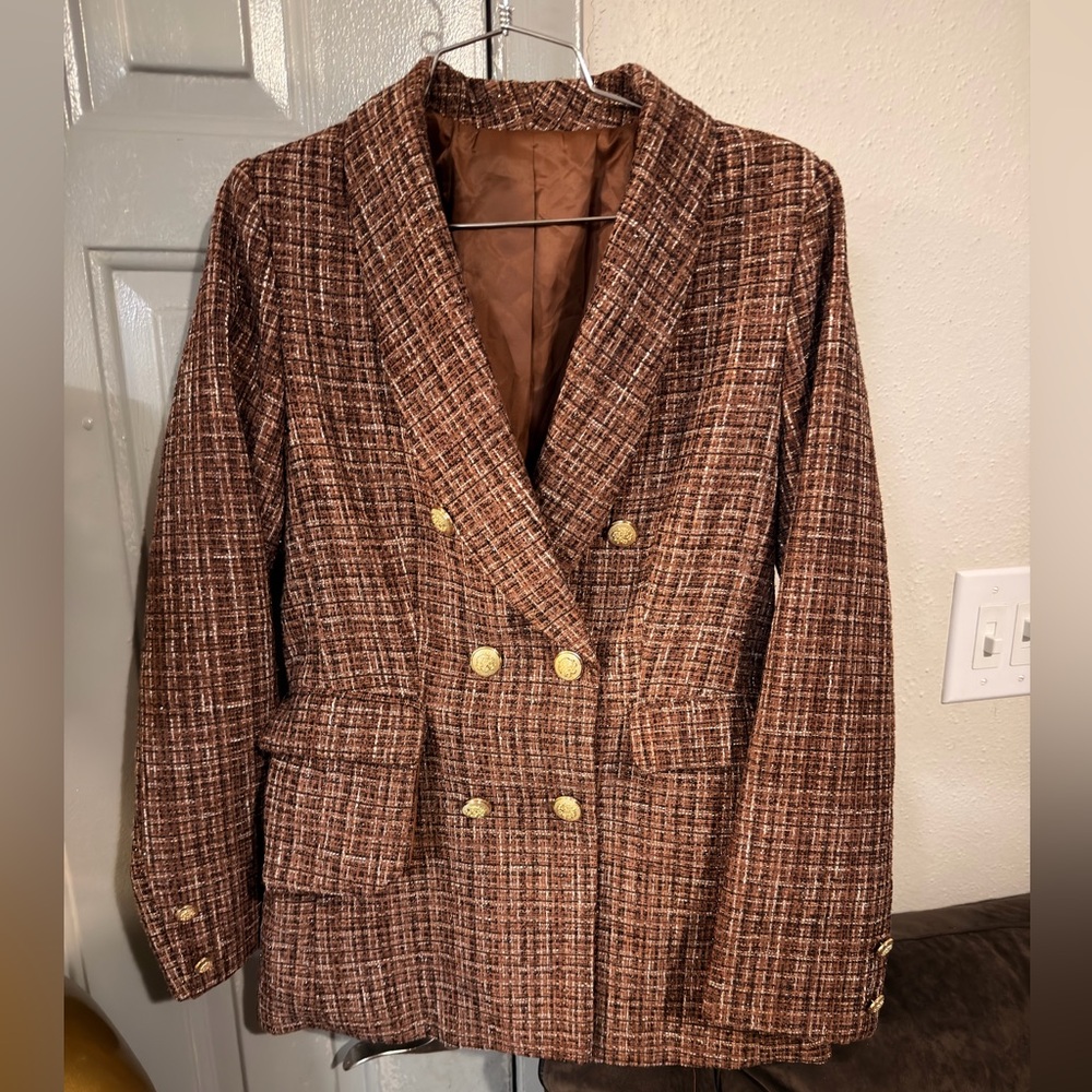 Double-Breasted Brown Tweed Blazer Jacket - Picture 2 of 9